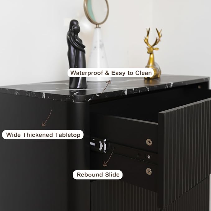 Fluted 5 Drawers Dresser for Bedroom, 47" Tall Handleless Chest of Drawers with Faux Marble Top, Curved Profile Design, Wood Drawer Organizerfor forLiving Room, Hallway, Entryway, Black