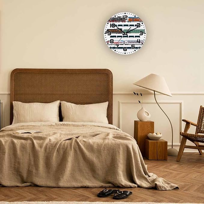 Train Wall Clock 10 inch Round Running on The Track Silent Non Ticking Wood Wall Clocks Battery Operated Easy to Read Decorative Wall Clock for Bedroom Kitchen Living Room Bathroom