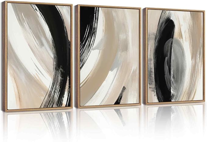KUVIOKE Black Abstract Framed Wall Art Neutral Minimalist Graffiti Pastel Wall Decor Modern Illustration Art Painting for Bedroom Dining Room 12x16in (Natural Framed)
