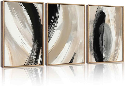KUVIOKE Black Abstract Framed Wall Art Neutral Minimalist Graffiti Pastel Wall Decor Modern Illustration Art Painting for Bedroom Dining Room 12x16in (Natural Framed)