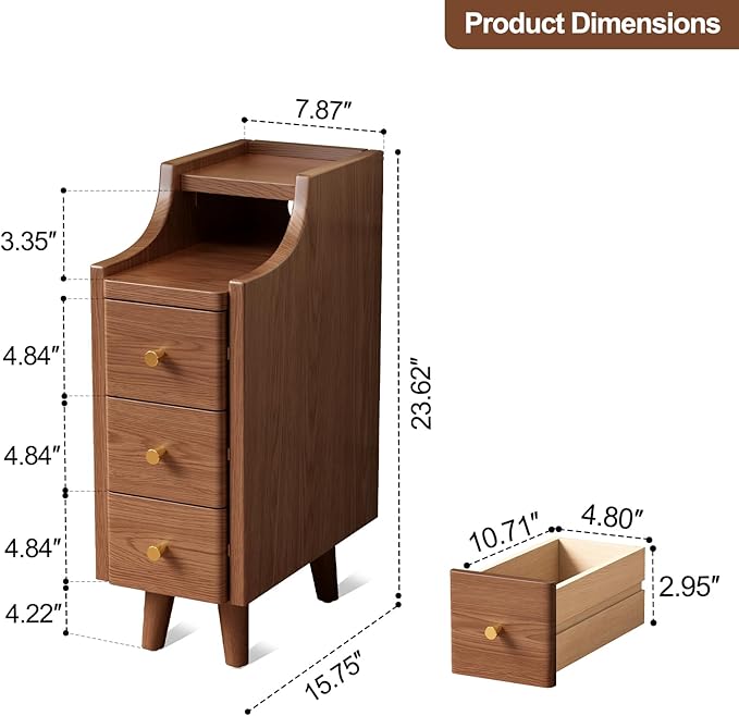 Solid Wood Narrow Nightstand with Drawers,Walnut Nightstand Wood Bedside Table Modern for Bedroom,Study,Toilet