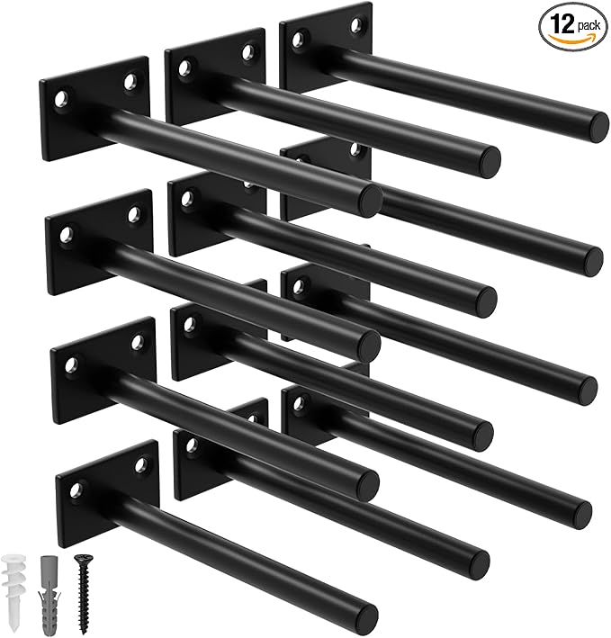 LEOPO 12-Pack 6 inch Floating Shelf Brackets, Hidden Shelf Bracket for Wood, Concealed Blind Shelving Support,Invisible Black Coated Brackets for DIY Decorative,Fit for Kitchen, Bathroom,Study Room