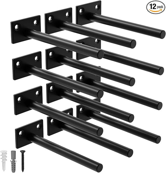 LEOPO 12-Pack 6 inch Floating Shelf Brackets, Hidden Shelf Bracket for Wood, Concealed Blind Shelving Support,Invisible Black Coated Brackets for DIY Decorative,Fit for Kitchen, Bathroom,Study Room