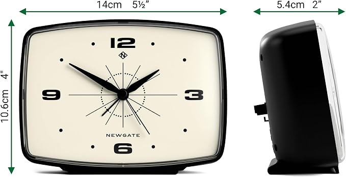 NEWGATE Brooklyn Retro Alarm Clock - Rectangular Matt Black Silent Sweep Clock - Bedside Accessory - 10.6 x 14 x 5.4cm / 4.1 x 5.5 x 2.1in