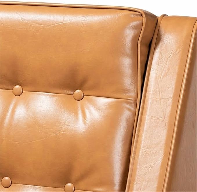BOWERY HILL Lounge Armchair, Tan Faux Leather Upholstery, Walnut Brown Finished Wood, Button-Tufted Backrest, Removable Seat Cushion, Mid-Century Style, 37.2" H x 27.6" W x 34.1" D Accent Chair for