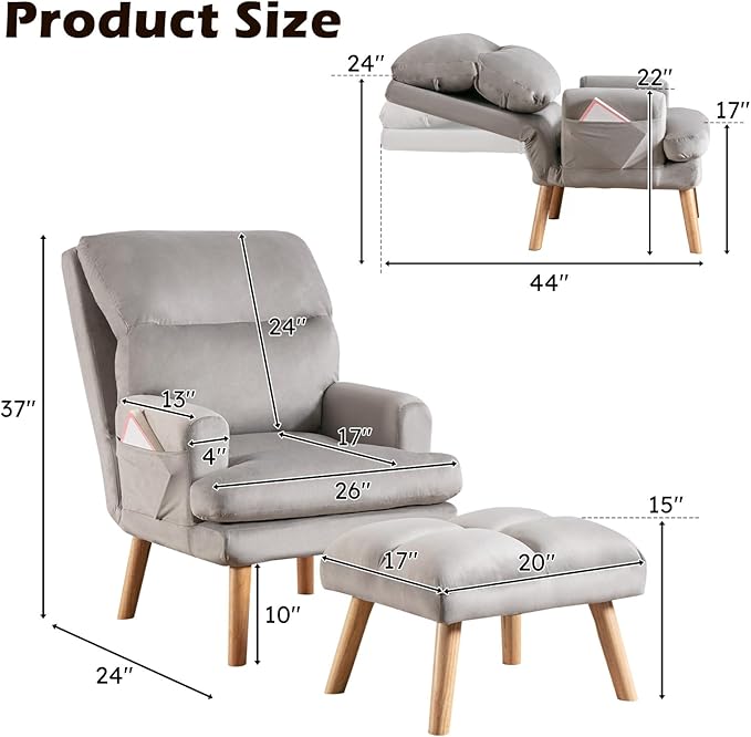 Accent Chair with Ottoman, Velvet Fabric Chair Armchair with Adjustable Backrest and Side Pockets, Mid Century Arm Chair with Ottoman for Living Room, Bedroom, Teen Room, Light Grey