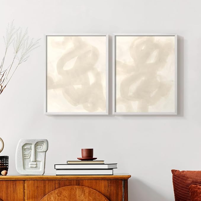 Renditions Gallery Set of 2 Peel & Stick Framed Prints, Abstract Wall Art, Beige and White Aesthetic Wall Decor, Re-Stickable - Ready to Hang - 22"x28" - White Frame LT588