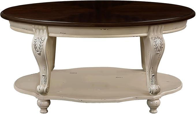 42'' Oval Wood Coffee Table for Living Room, Mid Century Farmhouse Circle Coffee Tables for Apartment, Easy Assembly Traditional Coffee Table Centre Table Retro Cocktail Table, Beige&Cherry
