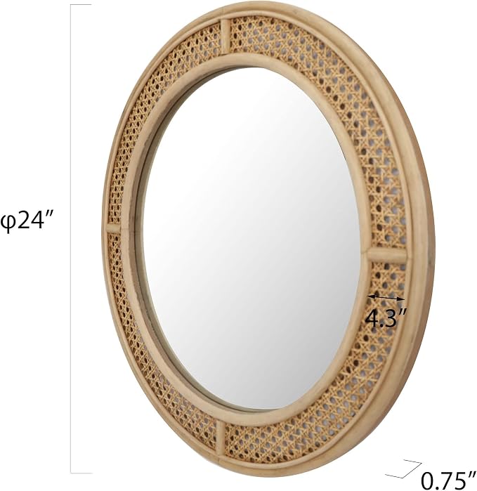 FLORA Round Rattan Wall Mirror with Wooden Framed, Modern Boho Decorative Mirror for Bathroom, Entry, Living Room, Bedroom, 24 Inch
