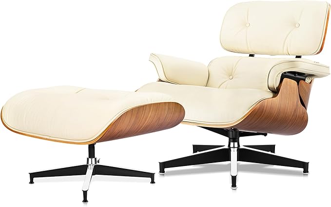 Top Cream White Grain Leather, Mid Century Chaise Lounge Chair and Ottoman, Modern Chair Classic Design, Walnut Wood, Heavy Duty Base Support for Living Room Office
