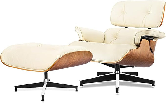 Top Cream White Grain Leather, Mid Century Chaise Lounge Chair and Ottoman, Modern Chair Classic Design, Walnut Wood, Heavy Duty Base Support for Living Room Office