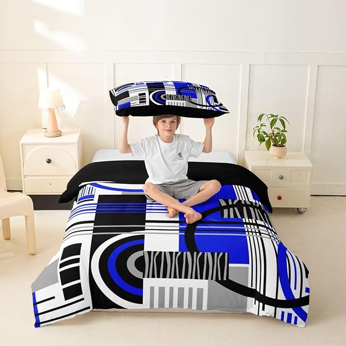 Erosebridal Art Deco Mid Century Duvet Cover Set Retro Modern Abstract Geometric Girl Toddler Bedding Set for Kids Boys Black and White Navy Blue Circles Stripes Comforter Cover Contemporary Bed Sets
