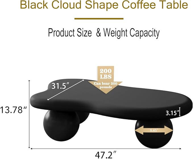 47" Modern Black Coffee Table Cloud Shape Low Center Table Cute Irregular Indoor Tea Table with 3 Ball Legs for Living Room Small Space