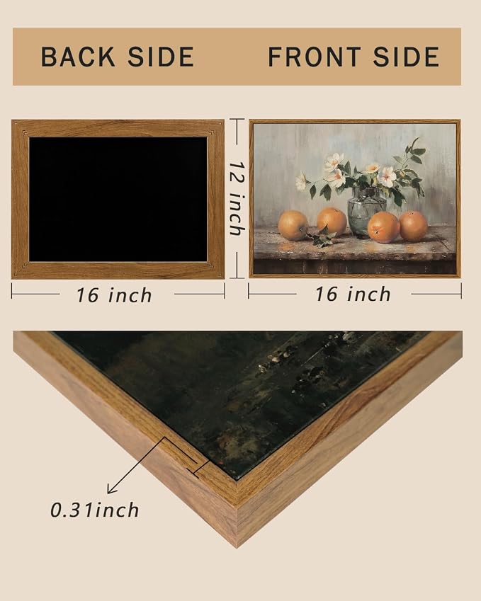 ARPEOTCY Framed Canvas Wall Art, Vintage Kitchen Picture Decor, Rustic Farmhouse Cottagecore Shelf Decor, Oranges Still Life Painting, 12x16inch