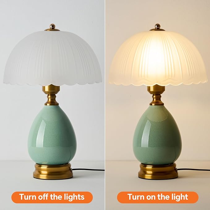 Ceramic Table lamp, Modern Bedside Lamps Green Mid Century Vintage Desk Lamp Retro Glass Mushroom Traditional Lamp for Nightstand Living Room Bedroom Home Decor (S04GN-1PACK)