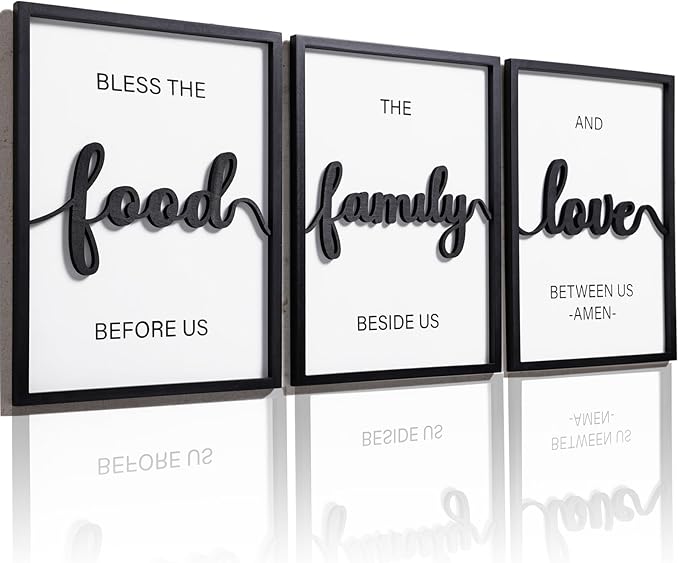3D Wood Bless The Food Before Us Wall Decor, 36" x 16" Framed Kitchen Wall Art for Dining Room Wall Decor(Ready to Hang, 12x16 inches, Set of 3, Framed)