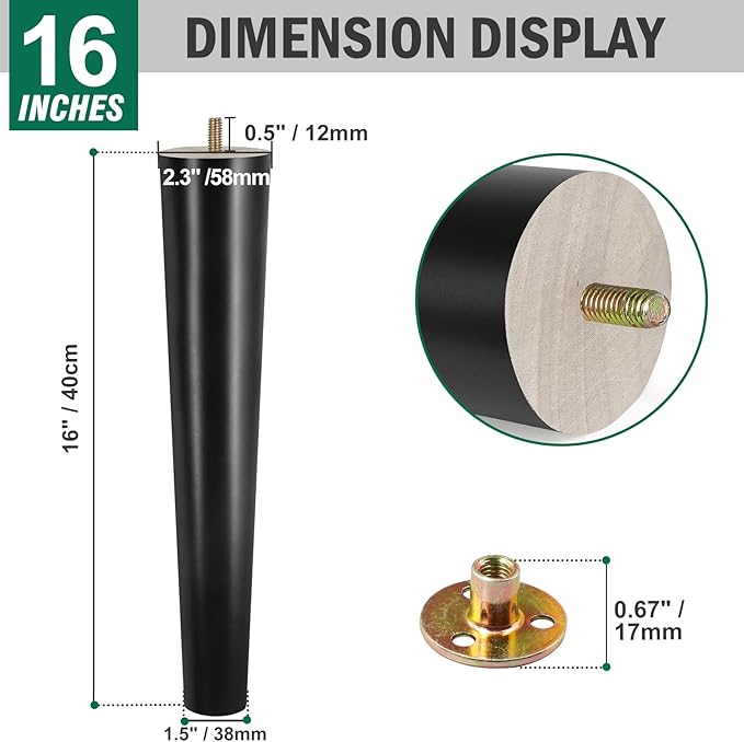 FoDau770 Black Rubber Wood Furniture Legs 16 Inches, Straight Tapered Wood Feet Mid Century Sofa Legs Set of 4, 5/16" UNC Furniture Feet for Cabinet Couch Dresser Chair Ottoman Table