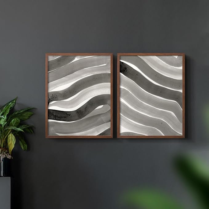 Renditions Gallery Set of 2 Peel & Stick Framed Prints, Watercolor Abstract Wall Art, Black and White Bold Brushstrokes Wall Decor, Re-Stickable - Ready to Hang - 22"x28" - Walnut Frame LT588