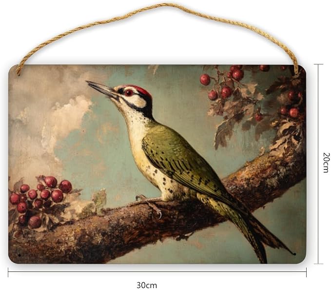 Retro Woodpecker on Berry branches Wooden Sign 12x8 Inch, Nature Art for Country-Inspired Homes, Living Room Highlight, Great Gift for Bird Collector Fans & Nature Enthusiasts