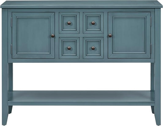 Merax Farmhouse Sideboard and Buffet Storage Cabinet Console Table with 4 Small Drawers, 2 Cabinet and Bottom Shelf (Dark Blue)