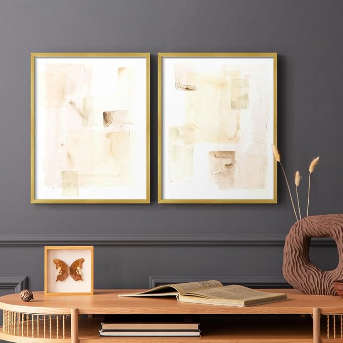 Renditions Gallery Set of 2 Peel & Stick Framed Prints, Abstract Wall Art, Mixed Handmade Oil Painting Wall Decor, Re-Stickable - Ready to Hang - 16"x20" - GOLD Frame LT588