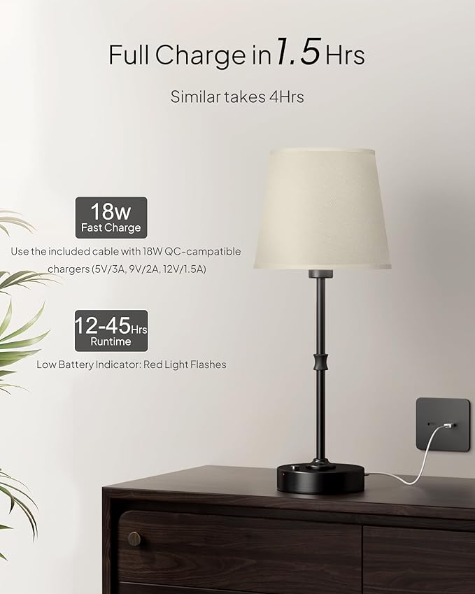 EppieBasic Cordless Table Lamp Rechargeable: Fast Charging & Long Lasting - 2700K Warm Light Vintage Brass Lamps - Dinning Living Room Bedroom - Black