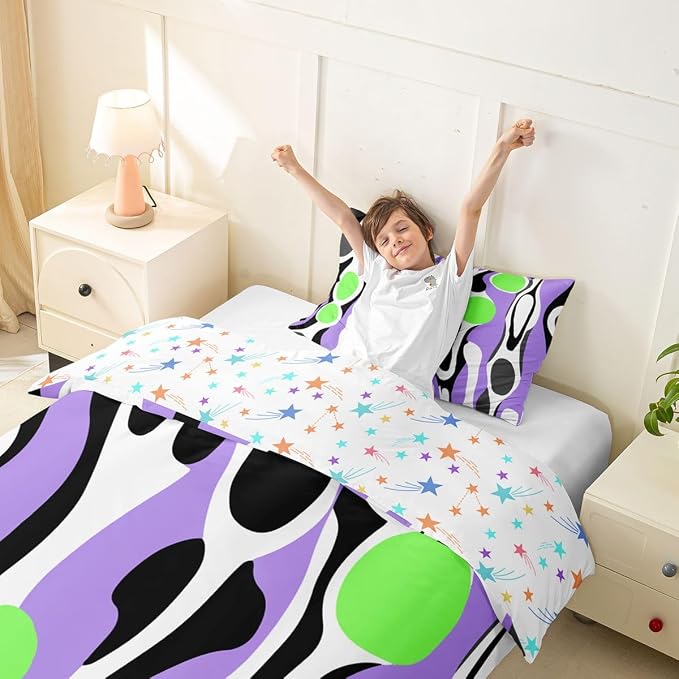 Erosebridal Organic Abstract Duvet Cover Set Modern Contemporary Twin Bedding Sets for Girls Kids Boys Boho Mid Century Wavy Lines Comforter Cover Retro Geometric Bed Set,Purple Green