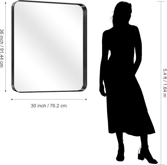 CIRCUMI Black Bathroom Mirror, 30"x36" Rectangular Mirror with Deep Metal Frame, Rounded Corner, Tempered Glass, Mirror for Wall, Oversink, Bedroom, Installed Vertically/Horizontally, Crystal-Clear