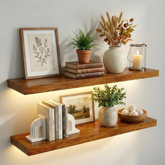IAE Led Floating Wall Shelves 24 inch,Bathroom Shelf Wall Mounted,Invisible Shelf Floating Kitchen Shelves,Wooden Wall Shelving with Brackets for Living Room Wall Mounted,Easy Install,Set of 2,Teak