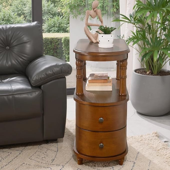 Biaco Set of 2 Solid Wood End Tables with 2 Drawers - Caramel Brown Mid-Century Modern Side Tables, Full Assembly Nightstand Bedside Tables for Living Room/Office (23.4" Dx11.4 Wx25.3 H) BG-A508-MG