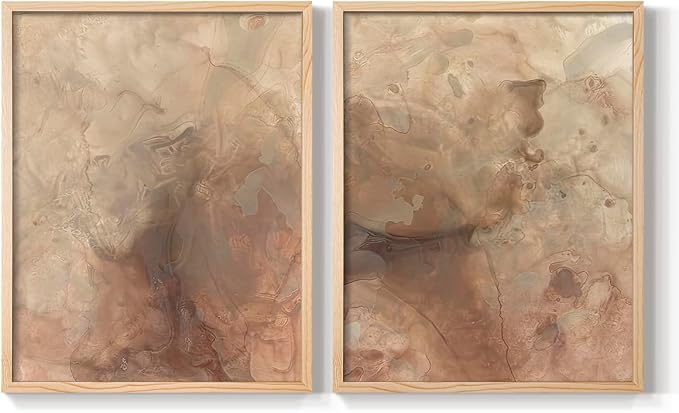 Renditions Gallery Set of 2 Peel & Stick Framed Prints, Abstract Wall Art, Brown Textured Marble Design Re-Stickable - Ready to Hang - 11"x14" - NATURAL WOOD Frame LT588