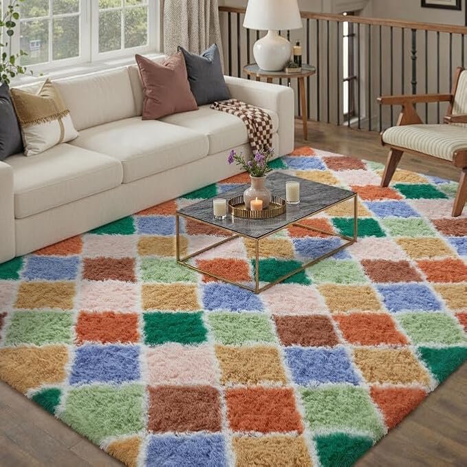 6x9 Checkered Rug for Living Room Colorful Modern Soft Area Rug Fluffy Non-Slip Carpet for Bedroom Playroom Home Aesthetic Decor