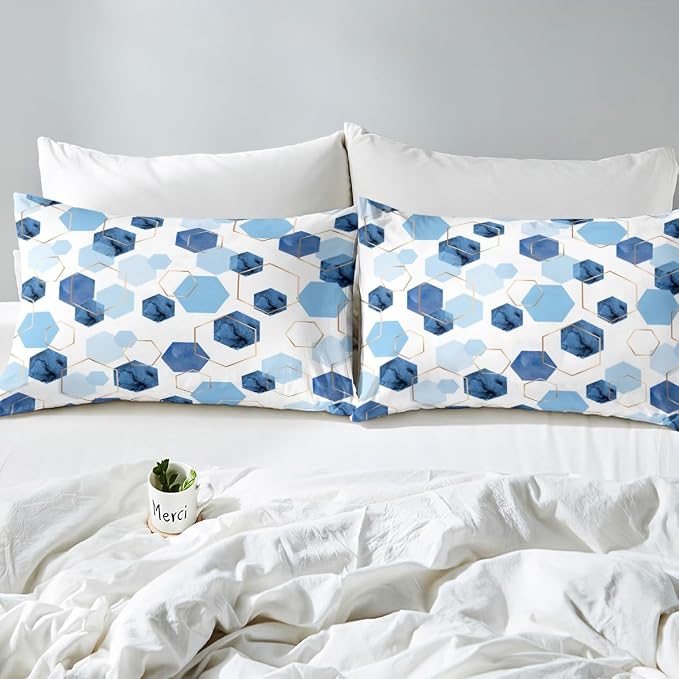 Erosebridal Hexagon Comforter Cover Navy Blue Bed Set, Watercolor Honeycomb Duvet Cover Twin Size Abstract Tie Dye Bedding Sets, Luxury Gold Hexagon Bedspread Cover Microfiber