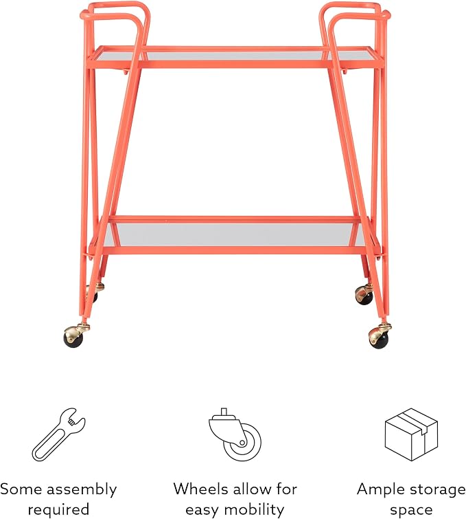 Gina Coral Mid-Century Bar Cart with Mirrored Shelves and Locking Wheels by Linon