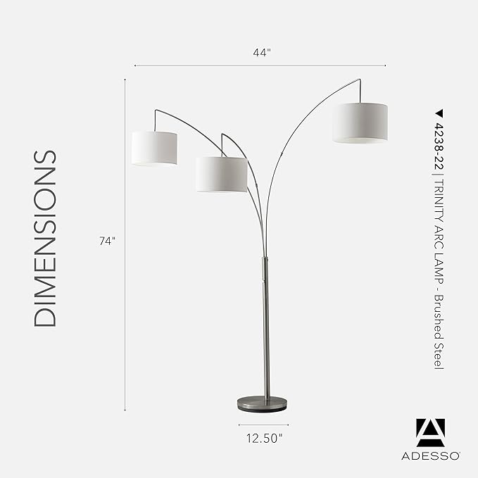 Adesso Arc Floor Lamp with 3 Movable Shades & Dimmable Brightness - Perfect Lighting for Bedroom, Living Room and Corner Decor, Brushed Steel