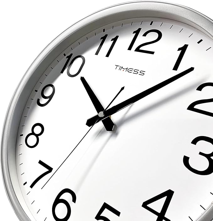 TIMESS Wall Clock, 13 Inch Large Dial Non-Ticking Silent Battery Operated Quality Analog, Ultra-Quiet Movement Quartz, Timeless Stylish Clock, Ideal Modern Home, Office Décor (Sliver)