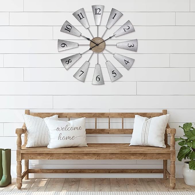 Presentime & Co. 24" Lorenzo Farmhouse DIY Windmill Clock, Indoor/Outdoor Clock, Silent no Ticking, Wall Décor, Wall Art and Timepiece for Home Decoration, Galvanized and Light Gray Oak Finish