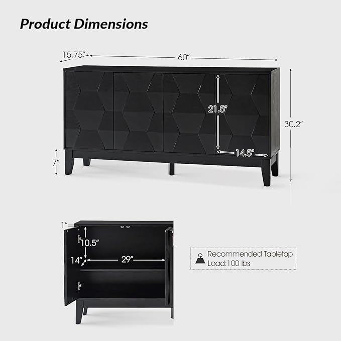 HULALA HOME Mid Century Sideboard Buffet Cabinet with Solid Wood Legs, 60" Kitchen Storage Cabinet Credenza with 4 Doors and 2 Shelves, Accent Console Table (Black)