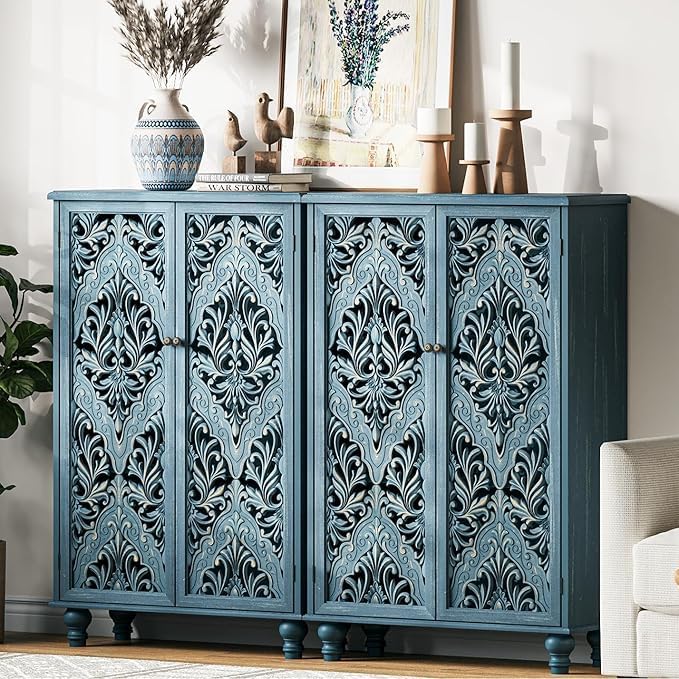 47" Tall Accent Cabinet with Navy Blue Mandala Carved Doors, Solid Wood Legs Storage Cabinet with 100 lbs Capacity, Boho Farmhouse Sideboard Buffet for Entryway, Living Room & Coffee Bar