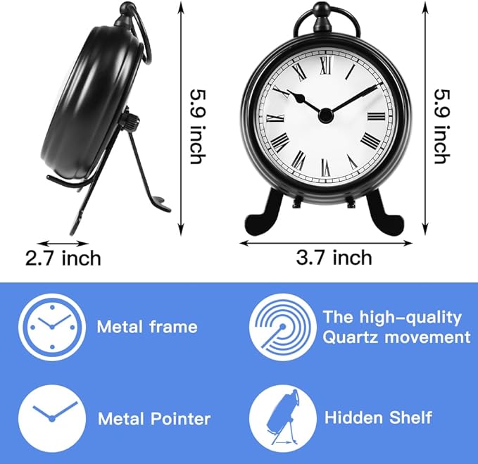 BESTIME AM-07 Black Metal Desk Clock.Small and Exquisite,Easy Read White Dial Black Numerals,Indoor,Elegant,Classy Style,Office,Living,Kitchen,Bedroom,Children's Room.