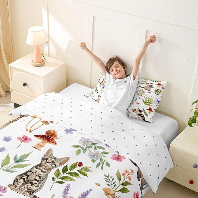 Erosebridal Cute Cat Toddler Bedding Set Kitten Cat Lovers Duvet Cover Nature Watercolor Florals Comforter Cover for Kids Girls Boys Adults Pet Animals Bed Set