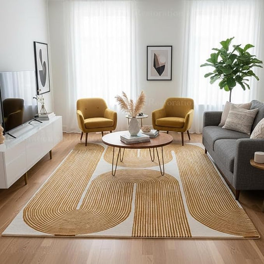 Modern Handmade Wool Area Rug, Abstract Curved Line Geometric Carpet for Living Room Bedroom, Contemporary Tufted Indoor Rug with Soft Pile and Cotton Backing (Gold, 8' x 12')