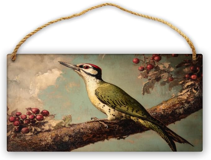 Retro Woodpecker on Berry branches Wooden Sign 12x6 Inch, Nature Art for Country-Inspired Homes, Living Room Highlight, Great Gift for Bird Collector Fans & Nature Enthusiasts