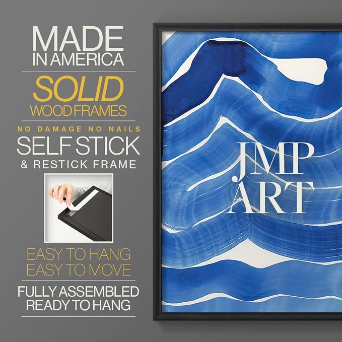 Renditions Gallery Set of 2 Peel & Stick Framed Prints, Watercolor Abstract Wall Art, Bold Brushstrokes in Shades of Blue Wall Decor, Re-Stickable - Ready to Hang - 11"x14" - Black Frame LT588