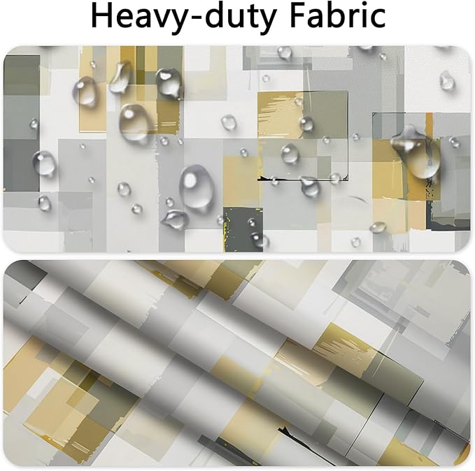 No Hook Shower Curtain with Snap in Liner, Modern Abstract Geometric Print, Grey & Gold Shower Curtains with See Through Mesh Top Window, Waterproof Cloth Fabric, 71x74 Inch