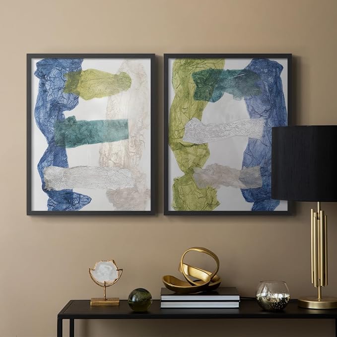 Renditions Gallery Set of 2 Peel & Stick Framed Prints, Elegant Abstract Wall Art, Dyed Cloth Texture Wall Decor, Re-Stickable - Ready to Hang - 8"x10" - Black Frame LT588