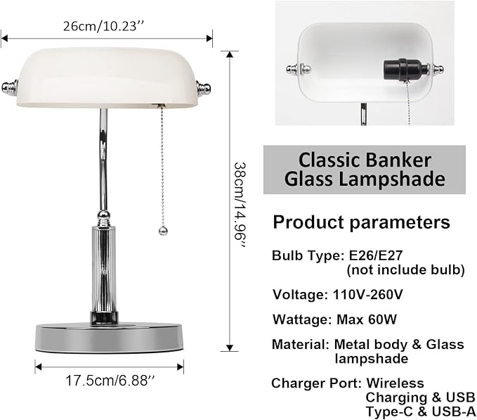 FIRVRE Bankers Lamp, White Glass Desk Lamp with Wireless Charger and 2USB Charging Port,Pull Chain Switch Lamp with Metal Base,Modern Reading Table lamp for Home Office, Piano, Library