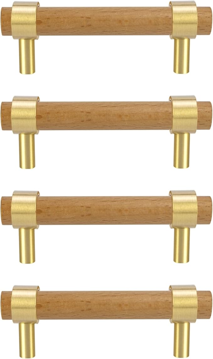 Wood and Brass Dresser Handles 0~3 Inch Double Hole 4Set Adjustable Center to Center Euro Scandi-Modern Kitchen Cabinet Pull, Unfinished DIY Wood and Metal Drawer Knob