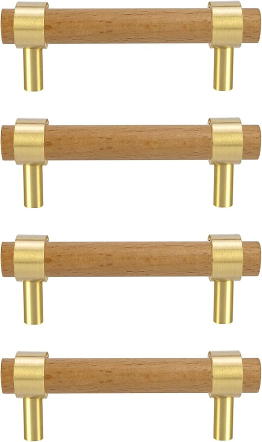 Wood and Brass Dresser Handles 0~3 Inch Double Hole 4Set Adjustable Center to Center Euro Scandi-Modern Kitchen Cabinet Pull, Unfinished DIY Wood and Metal Drawer Knob