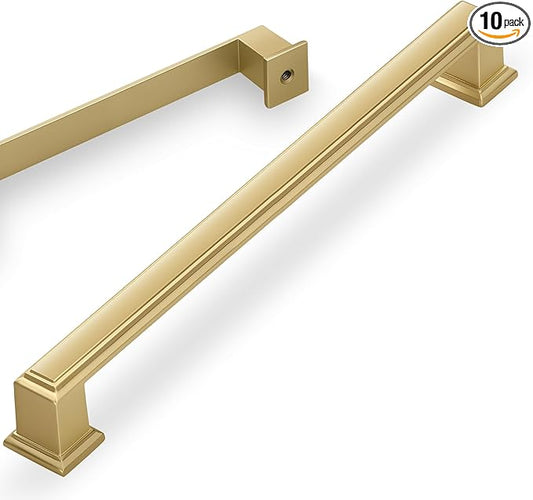 Lardmon 10 Pack 10 Inch(254mm) Hole Center Brushed Gold Modern Cabinet Pulls Kitchen Cabinet Handles Kitchen Cabinet Hardware Timeless Drawer Pulls for Dresser Cupboard Wardrobe, B-Gold(10x10)